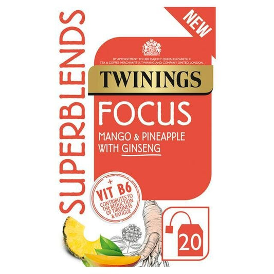 Twinings Superblends - Focus  MANGO & PINEAPPLE
WITH GINSENG Tea Bags 40g | Imported from UK