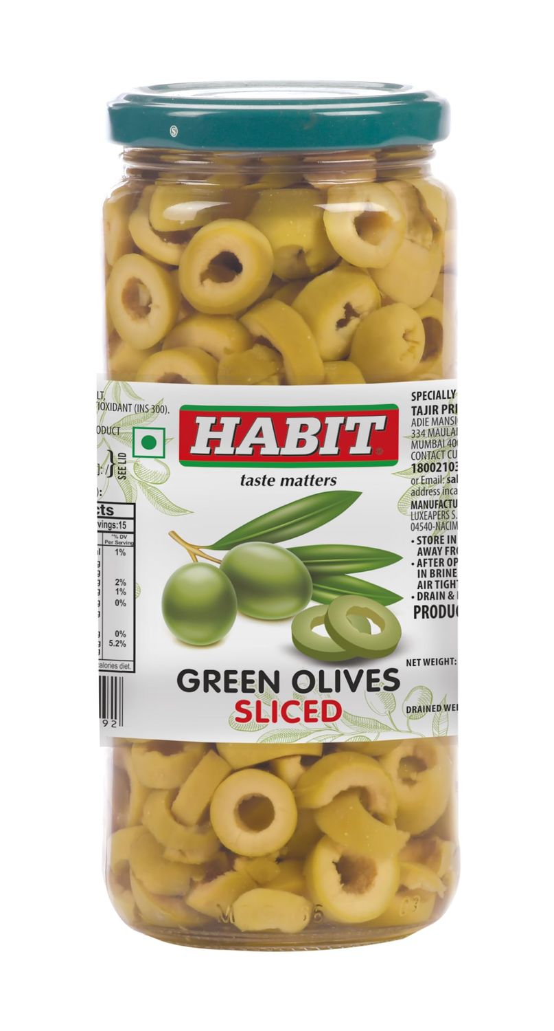 Habit Green Sliced Olives (430g) - Cocktail Garnish & Snacking Delight, Imported from Spain
